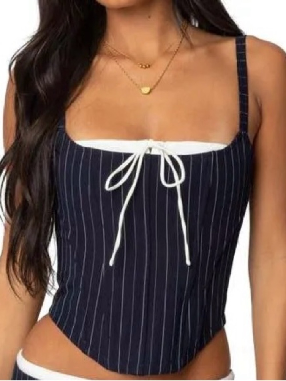 Edikted Navy Pinstripe Peek a boo Tie-Front Cami with White Trim